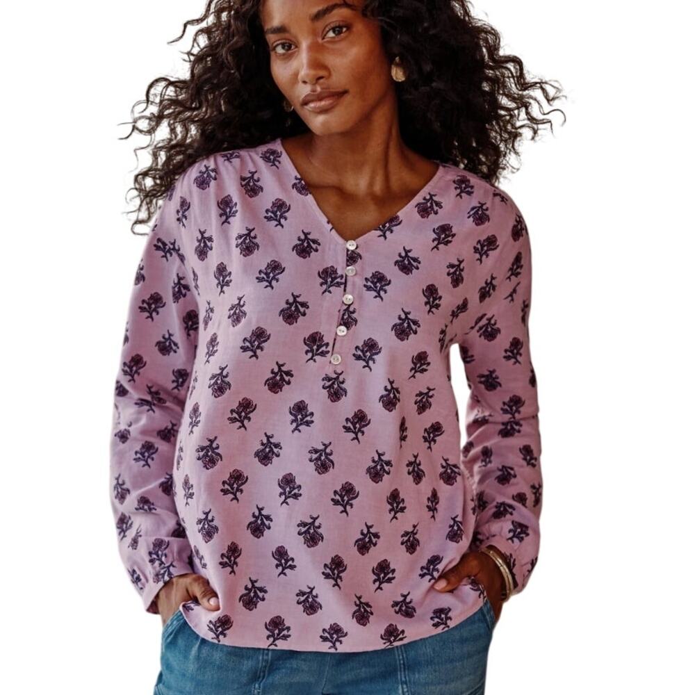 Pure Jill Pink Organic Cotton Top 2X V-Neck ButtonTop Floral Cottage Casual NWT